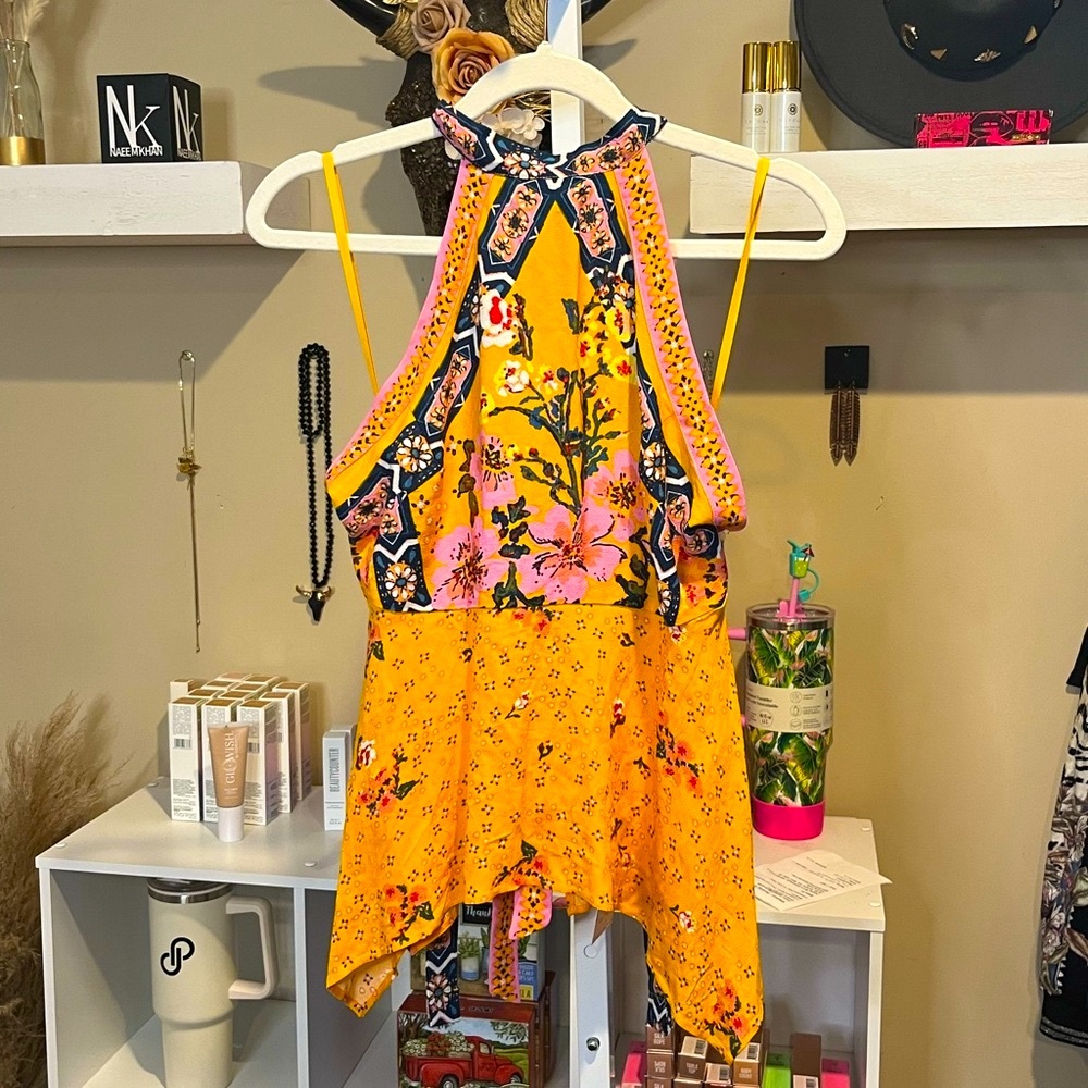 NWT Free People New Wave Yellow Print Halter Tank Top - Picture 7 of 10